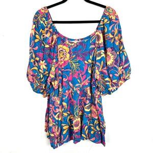Terra & Sky Colorful Floral Short Puff Sleeve Tiered Top 2X mc